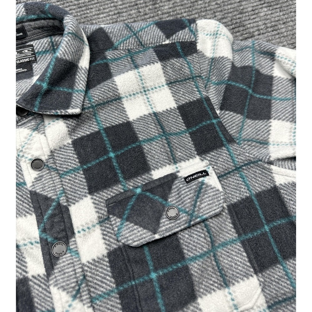 O'Neill Shirt Mens Small Gray White Teal Plaid Fleece Snap Button Classic Fit